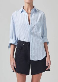 Kayla Shirt in Marino Stripe – Citizens of Humanity Spring Tops With Vertical Stripes And Shirttail Hem, Spring Shirt With Vertical Stripes And Shirttail Hem, Classic Striped Tops With Shirttail Hem, Oversized Pinstripe Tops For Spring, Oversized Striped Tops For Daywear, Oversized Classic Tops With Vertical Stripes, Striped Collar Shirttail Hem Top, Relaxed Fit Tops With Striped Collar For Daywear, Nye Outfits