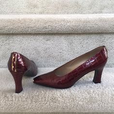 Rare Vintage Stuart Weitzman Pumps With Gold Toes & Gold Accents By Heels Purchased In Early 90s Gorgeous Maroon Color Patent Leather Crocodile Design And Leather Soles Gold Accent On Toes And Heels Euc - 2 Small Marks -- See Last 2 Photos 3” Heel All Items Are Photographed Before Shipping To Protect The Buyer And Seller! Smoke Free / Dog Friendly Home Crocodile Design, Early 90s, Free Dogs, Patent Leather Pumps, Stuart Weitzman Shoes, Gold Accent, Maroon Color, 2 Photos, Leather Pumps