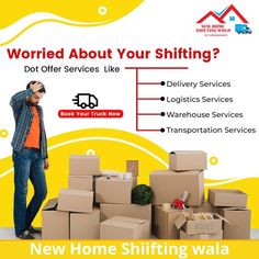 a man standing in front of boxes with the words new home shifting wall written below