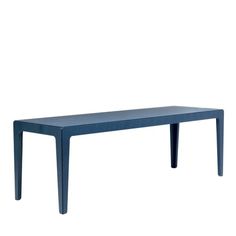 a blue table sitting on top of a white floor