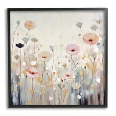 an abstract floral painting with pink and white flowers on the bottom, in a black frame