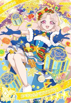 an anime character sitting on top of a blue box with stars in the sky behind her