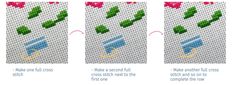 three pictures showing how to cross stitch the same pattern on each side of the frame