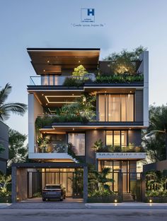 an apartment building with plants growing on the balconies