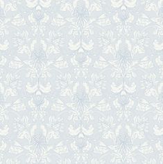 a blue and white wallpaper pattern with flowers on the bottom right corner, in shades of light blue