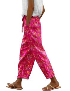 PRICES MAY VARY. Featuring captivating floral or geometric patterns that scream summer fun, stunning women printed pants turn heads everywhere you go, beach, vacation, jogger, shopping, lounge, work. Dress on these bohemian pants and stand out with fashion and sophistication. Pull on pants are easy to put on and take off. Featuring a relaxed fit through the hip and thigh, pants cuff can be rolled up or just put it down. High waist with wide elastic band and drawstring provide a customized and co Beach Pants Women, Cotton Palazzo Pants, Casual Pants For Women, Bohemian Pants, High Waist Pants, Petite Pants, Pants With Pockets, Cuffed Pants, Work Dress