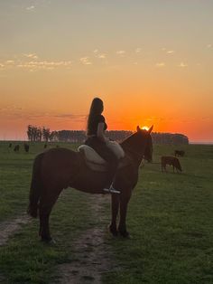 a woman riding on the back of a brown horse in a green field at sunset