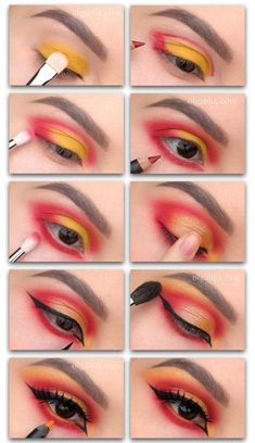 Pretty eye makeup look with steps, Amazing combination of orange and yellow eyeshadow, Makeup and beauty tips, WOW. Makeup Looks Step By Step, Sunset Makeup, Sunset Palette, Contour Makeup Tutorial, Makeup Tutorial Eyeliner, Red Eyeshadow, Makeup Tutorial Eyeshadow