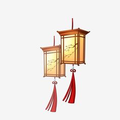 two hanging lanterns with tassels attached to them, one red and the other yellow