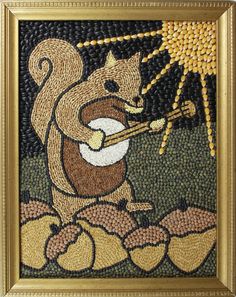 a beaded picture of a squirrel playing the guitar