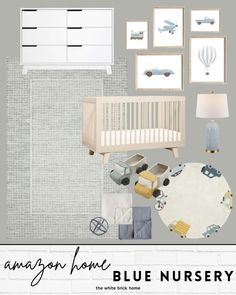 a baby's nursery with gray walls and pictures on the wall