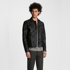 John Varvatos Foil Printed Slim Fit Trucker Jacket. Black Size Xs Brand New With Out Tags Attached Designed For A Slim Fit Spread Collar Full-Zip Front Placket Long Sleeves, Snap-Button Cuffs Allover Foil-Printed Design Two Front Hand Pockets; Two Flap Pockets With Snap-Button Closures At Chest Adjustable Hem With Strap-And-Snap-Button Closures Lined 63% Polyester/34% Cotton/3% Elastane; Lining: 100% Polyester Dry Clean Designer Denim Jacket For Workwear In Fall, Designer Denim Jacket For Fall Workwear, Luxury Black Outerwear With Flap Pockets, Casual Fitted Biker Jacket With Flap Pockets, Fitted Leather Jacket With Flap Pockets For Spring, Designer Fitted Outerwear With Flap Pockets, Fitted Black Denim Jacket For Work, Designer Black Outerwear For Spring, Designer Black Spring Outerwear