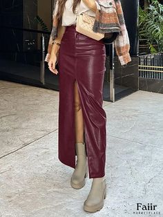 Burgundy Leather Straight Tube Midi Skirt: Vintage Leather Skirt with Side Slit Midi Skirt Vintage, Pleated Maxi Skirt, Skirt Vintage, Pleated Maxi, Denim Midi Skirt, Types Of Skirts, High Waisted Denim, Olivia Mark, Vintage Leather