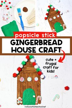 Green felt, popsicle sticks, paint, paint brush, pom poms, and felt stickers with examples of popsicle stick gingerbread houses. Popsicle Stick Gingerbread House, Gingerbread House Kids, Cute Gingerbread Houses, Gingerbread House Craft, Fun Holiday Crafts, Customization Ideas, Elementary School Art, House Craft