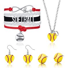 PRICES MAY VARY. What you receive: you will get 1 piece of softball necklace, 1 piece of softball bracelet, 1 pair of softball pendant drop earrings, 1 pair of softball stud earrings, softball-themed accessories to meet your daily dress needs Shiny and strong: the softball jewelry set adopt quality alloy material, solid and reliable, shiny and bright, not easy to break, fade or rust, available for long time wearing, both of them are light in weight, comfortable to wear Exquisite design: the soft Softball Earrings, Softball Bracelet, Softball Jewelry, Softball Accessories, Softball Heart, Softball Necklace, Bracelet Earring Set, Women's Jewelry Sets, Enamel Necklaces