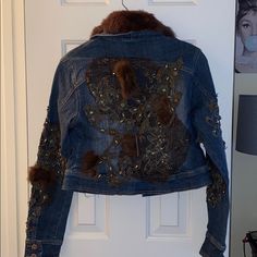 Beautiful Jean And Fur Incrustations Jacket Designer Fitted Embellished Outerwear, Jean Jackets, Red Jacket, Fur Jacket, Jean Coat, Jean Jacket, Jackets & Coats, Jackets For Women, Red