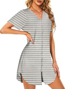 PRICES MAY VARY. 95% Polyester, 5% Other Fibers Imported Button closure Machine Wash Soft material, stretchy fabric, comfortable to wear, relaxed fit is never tight or constricting V-neck and short sleeve Boyfriend Sleep Shirt/ long pajama top, you can wear this 1 pc or can pair with shorts, perfect for sleep or lounge The buttons design of nursing pajamas is perfect for breastfeeding, you can use this as a nursing nightgown and wear a nursing bra underneath, very useful This Pajama Shirt Dress Casual Nightgown For Pajama Party In Spring, Cotton V-neck Sleepwear For Pajama Party, Casual White V-neck Nightgown, Cute V-neck Sleepwear For Loungewear, Relaxed Fit Sleepwear With Buttons For Loungewear, Cute V-neck Summer Sleepwear, Cotton Button-up Sleepwear For Lounging, Casual V-neck Sleepwear For Lounging, Casual Spring Nightgown For Sleepovers