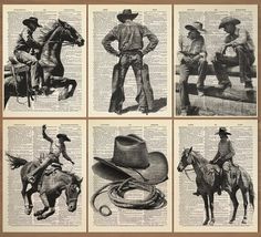 four pictures of cowboys on old book pages, each with different hats and lasso