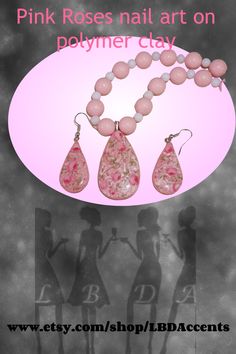 PINK POLYMER CLAY JEWELRY SET, STATMENT NECKLACE WITH MATCHING TEARDROP, DANGLE EARRINGS Roses Nail Art, Statment Necklace, Rose Nail Art, Rose Nails