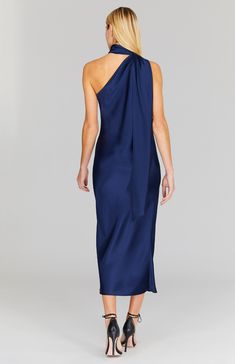 Our signature one shoulder bias cut dress with an attached scarf that can be worn loose down the back or wrapped gracefully around the neck. Cut in a flattering midi length with a clean baby hem finish. This dress is unlined and needs no closures thanks to the nature of bias cut fabric. Pre-draped Evening Dress With Tie Back, Pre-draped Bridesmaid Dress With Asymmetrical Neckline, Pre-draped One Shoulder Midi Dress For Dinner, One-shoulder Satin Maxi Dress For Dinner, Evening Draped Dress With Tie Back, Chic Evening Midi Dress With Tie Back, Chic Silk One-shoulder Asymmetrical Dress, Chic One-shoulder Silk Asymmetrical Dress, Chic One-shoulder Midi Wedding Dress