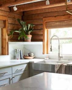 a kitchen with white counter tops and wooden walls, along with a large potted plant on the window sill