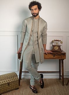 Sage Hand embroidered Kurta and pant set with shrug Contrast by Parth - Fabilicious Fashion Indian Menswear, Indian Wedding Suits Men, Kurta And Pants, Indian Wedding Clothes For Men, Wedding Kurta, Wedding Kurta For Men, Groom Dress Men, Man Dress, Wedding Dresses Men Indian