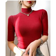 Sleeve Style: Regular Fitted, short sleeve turtleneck top. Cotton and polyester blend. Plaid Jacket Women, Women Turtleneck, White Tee Shirt, Woman Top, Layered T Shirt, White Tee Shirts, Stretchy Tops, Womens Turtleneck, Bottoming Shirt