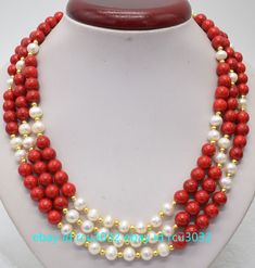 3 Rows Natural 7-8mm White Pearl & 8mm Red Coral Round Beads Necklace 17-19'' Item Description:   Style:Necklace   Quantity: 1 Pcs   Size: 7-8mm 8mm   Length:17-19"   &&&&: Sale the items does not include box       Payment Policy Payment Policy        We accept PayPal Please pay within 24 hours If no payment or contact is made with in 7 days item will be relisted. Thank YouPlease make sure the "Ship To" address you input in Paypal is correct.Items are shipped within 1-2 business days.Combine shi Red 8mm Bead Necklace, Elegant Beaded Necklaces For Valentine's Day, Valentine's Day Elegant Beaded Necklaces, Red Necklaces With 8mm Beads For Jewelry Making, Red 8mm Beaded Jewelry For Valentine's Day, Gift Red Pearl Necklace With Polished Beads, Red Pearl Necklace With Polished Beads As A Gift, Red Round Beads Necklace For Valentine's Day, Red Round Beaded Necklaces For Valentine's Day