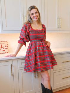 Look stylish this holiday season with our classic plaid dress. Smocked top, puffed sleeves, and a Simply Southern emblem on the bottom right hem. Made of 100% polyester. Womens Holiday Outfits, College Au, Jewelry By Brand, Brighton Handbags, Scarf Dress, Smocked Top, Christmas Outfits, Jean Accessories, Love Clothing