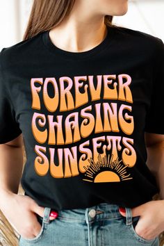 Forever Chasing Sunsets Summer Graphic T Shirts.Unisex Crew Neck Short Sleeve Tees.Crafted from premium materials, tailored to your lifestyle, ensuring a comfortable fit for any occasion.Family Group Uniforms Birthday Party Gift Concert Festival Events.High Quality Direct To Film Printed Graphic Design.100%COTTON,HEATHER(52%COTTON,48%POLY),ATH.HEATHER,BLACK HEATHER(90%COTTON,10%POLY)NICARAGUAMade In: Nicaragua Summer Tops With Lettering, Relaxed Fit, Summer Tops With Lettering In Relaxed Fit, Relaxed Fit Summer Tops With Lettering, Relaxed Fit Tops With Lettering For Summer, Forever Chasing Sunsets, Sunset Party, Trendy Graphic Design, Chasing Sunsets, Design Festival