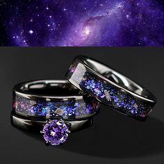 Nebula His and Her 3 Piece Real Meteorite Ring & Opal Ring Set Engagement Wedding Rings Blue and Purple Promise Ring Set FREE ENGRAVING - Etsy Damascus Ring For Women, Lgbtq Wedding Rings, Galaxy Opal Ring, Fantasy Themed Engagement Rings, 3 Piece Wedding Ring, Fire Opal Wedding Ring Set, Blue And Purple Wedding Rings, Engagement Rings That Fit Together, Hers And Hers Wedding Rings