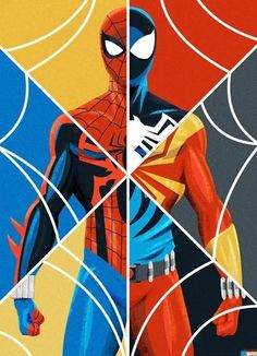 spider - man is standing in front of an orange and blue background with white lines