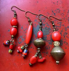 Funky Frog earrings made with Vintage Red Glass and Mali Coin Beads Red Glass