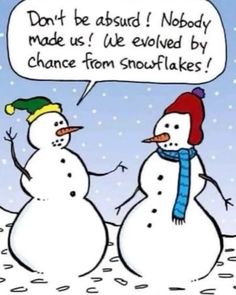 two snowmen are talking to each other with a thought bubble above their heads that says, don't be afraid nobody made us we enjoyed by chance from snowflakes