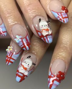 Sanrio Christmas Nails, Sanrio Nails Acrylic, Txt Inspired Nails, Nails Characters, Sanrio Acrylic Nails, Pochacco Nails, Hello Kitty Christmas Nails, Txt Nails, Sanrio Nail Art