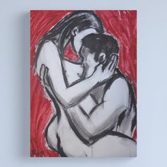 a painting of two people hugging each other on a red and white background with black outline