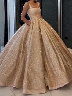 Silhouette: Ball Gown Waist: Natural Sleeve Length: Sleeveless Shown Color:?Golden Built-In Bra: Yes Golden Prom Dress, Satin Ball Gown Wedding Dress, Gown With Pockets, Sequin Ball Gown, Quinceanera Dresses Gold, Satin Ball Gown, Formal Evening Gown, Prom Dresses With Pockets, Long Prom Gowns