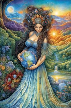 a woman with long hair holding a globe in her hands and wearing a blue dress