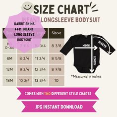 INSTANT DIGITAL DOWNLOAD ** Download available after purchase, NO physical item will be sent** Add to your shops listings this 4411 Infant Long Sleeve Bodysuit size chart. This size chart shows the width, length, and sleeve measured in inches.  This chart will be helpful for shoppers and draw in more sales to your business. YOU WILL RECEIVE: ▸ 2 (two) high-resolution JPG files, containing your 4411 Infant Long Sleeve Bodysuit size chart (1 (one) size chart with brand of shirt,1 (one) size chart Style Chart, Baby Logo, Long Sleeve Bodysuit, Business Logo, Baby Fashion, Beauty Book, Digital Files, Physics, Size Chart