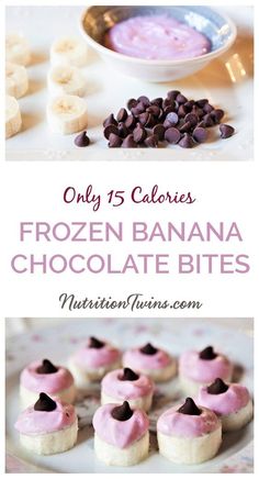 frozen banana chocolate bites with pink frosting on top and other desserts in the background