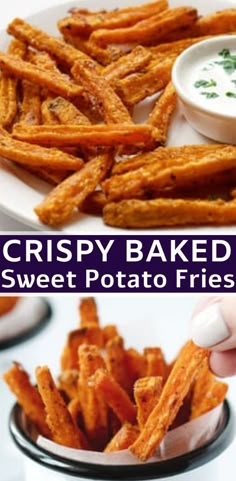 crispy baked sweet potato fries with ranch dip in the middle and on the side