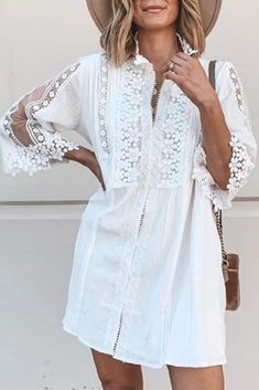 US$ 41.95 - Women's Sweet Lace Tuff Sleeve White Dress - www.streetally.com V-neck Vacation Dress With Lace Sleeves, Summer Mini Dress With Lace Short Sleeves, Summer Mini Dress With Lace Patchwork, Summer Lace Patchwork Mini Dress, Feminine Lace Patchwork Mini Dress For Beach, Casual Long Sleeve Dress With Lace Patchwork, Summer Dresses With Lace Sleeves, White Lace Patchwork Summer Dress, Fitted Dresses With Lace Sleeves For Vacation