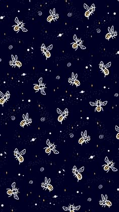 the bees are flying in the sky with bubbles and stars around them on a dark blue background