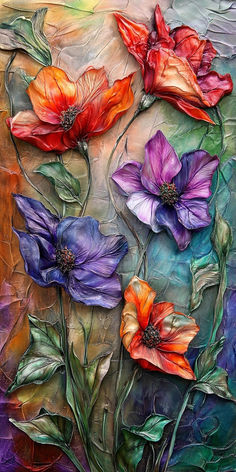 an abstract painting of colorful flowers and leaves