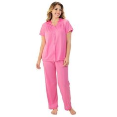 This lightweight, soft pajama set will make you love your sleep that much more! Its breathable nylon tricot fabrication makes for optimal comfort and the fabric-covered buttons on the front makes for easy on-off Silky and breathable nylon tricot knit fabric that is easy-care Short sleeve pajama top with 4 self-fabric covered buttons for easy onoff Comfortable covered elastic waistband on pajama pant Delicate floral embroidery applique at neckline with gathered pleats at bust for a feminine appeal Size: 2XL.  Color: Pink.  Gender: female.  Age Group: adult. Womens Pj Sets, Cute Pajama Sets, Tricot Fabric, Cotton Sleepwear, Soft Pajamas, Cute Pajamas, Matching Pajamas, Pajama Robe, Pajama Set Women