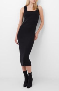 Soft ribbing shapes this sleeveless sweater-dress knit to midi-length silhouette with a modern squared neckline. 49" length Slips on over head Square neck Sleeveless 100% cotton Machine wash, line dry Imported Fitted Ribbed Midi Dress With Straight Neckline, Black Sleeveless Dress With Straight Neckline, Casual Ribbed Midi Dress For Evening, Sleeveless Ribbed Midi Dress For Evening, Evening Sleeveless Ribbed Midi Dress, Sleeveless Bodycon Midi Dress For Fall, Modern Bodycon Midi Dress, Fall Black Dress With Straight Neckline, Black Dress With Straight Neckline For Fall