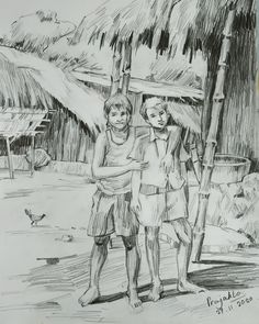 a drawing of two children standing next to each other in front of a hut with thatched roof