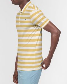 About The Art Classic Vluxe Yellow Stripe The Classic Stripe is never out of style. Product Details Look sharp in this versatile polo, perfect for business casual or a polished weekender outfit. Our Men's Slim Fit Short Sleeve Polo features soft, breathable fabric with a close cut torso, tailored to show your natural physique. Soft, breathable fabric Polo collar Four button placket Short sleeves Straight hem bottom Printed, cut, and handmade Size & Fit Slim fit, moderate stretch Size up for a re Slim Fit Shorts, Yellow Stripes, Polo Collar, Slim Fit Men, Short Sleeve Polo, Out Of Style, Button Placket, Business Casual, Breathable Fabric