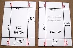 two pieces of white paper with red and black lines on them, labeled box tops