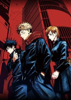 three anime characters are standing in front of a red building with black hair and blue eyes